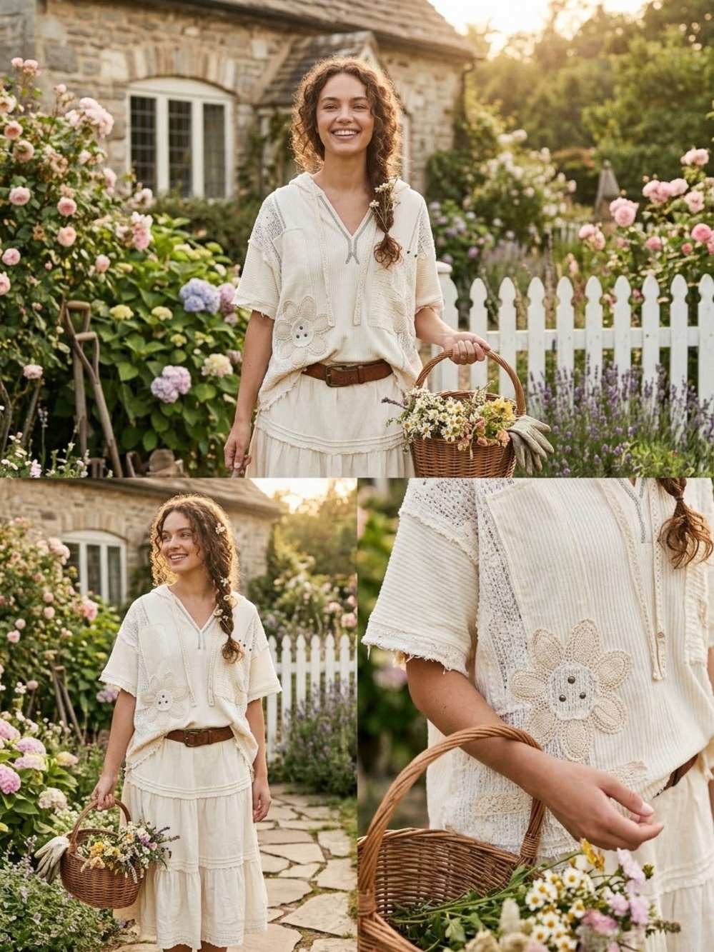 POL Large Cream Crochet Lace Patchwork Floral Hoodie Top Short Sleeve Boho